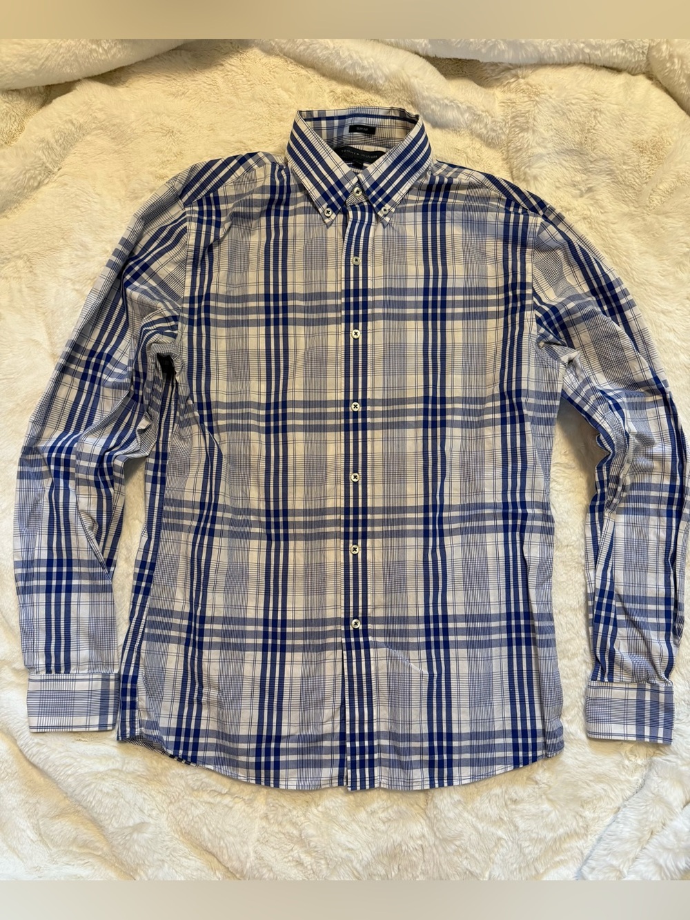 Tommy Hilfiger Men's Blue and White Plaid Button-Down Shirt